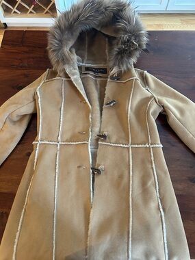 Andrew Marc Camel Faux-Suede Toggle Trench with Fur-Trim Hood